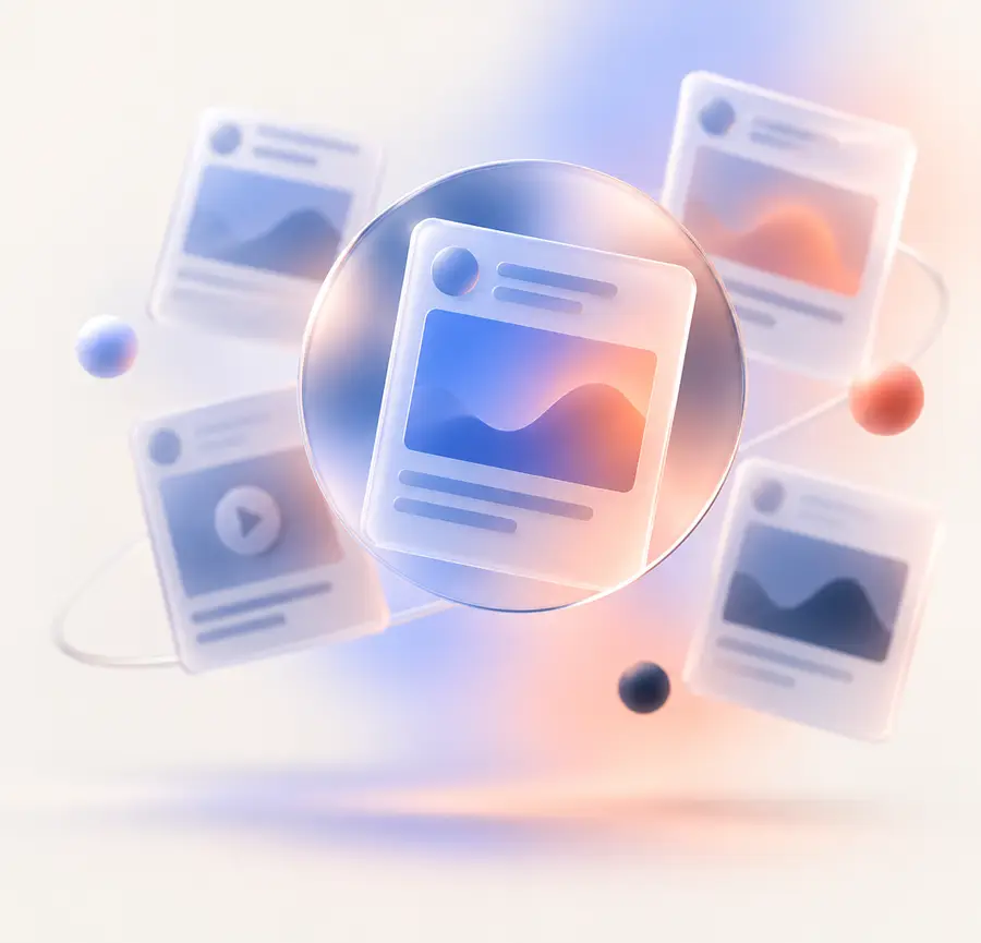 Floating post cards with a lens revealing one of them